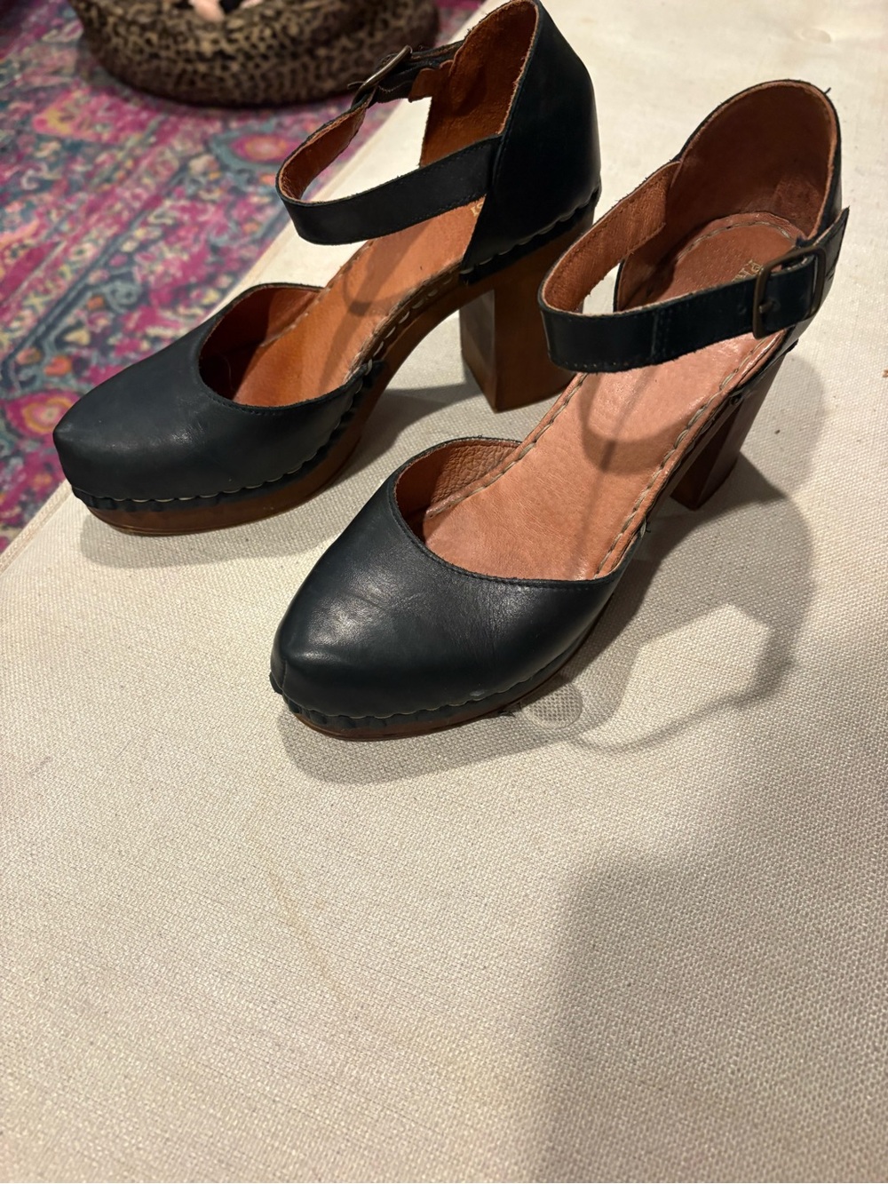 Genuine leather Black Mary Jane Block Heel Pumps with Ankle Strap